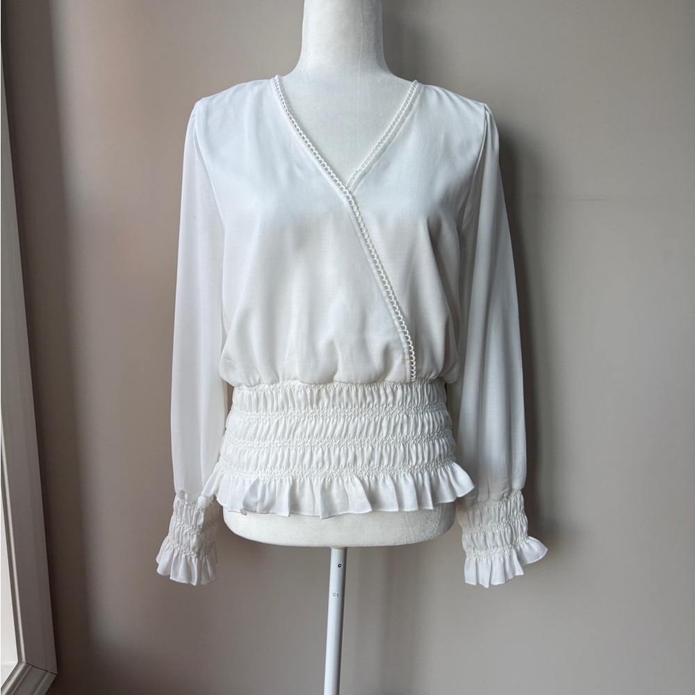 NEW Cliche White Smocked V-Neck Top with Ruffles